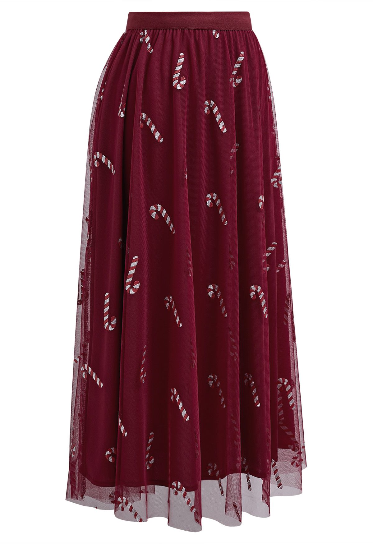 Shimmer Candy Cane Mesh Tulle Midi Skirt in Burgundy