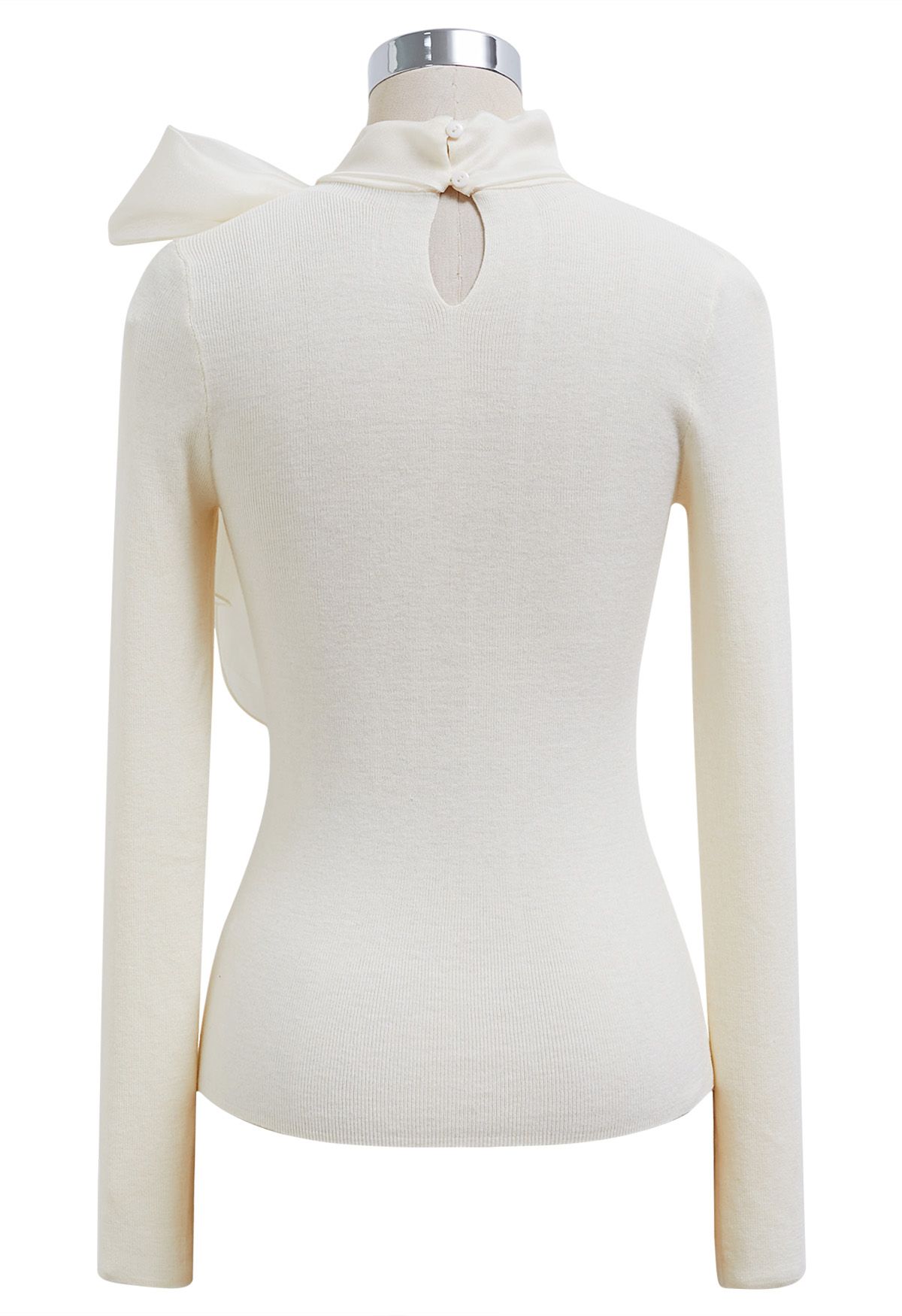 Organza Bowknot Neckline Knit Top in Cream