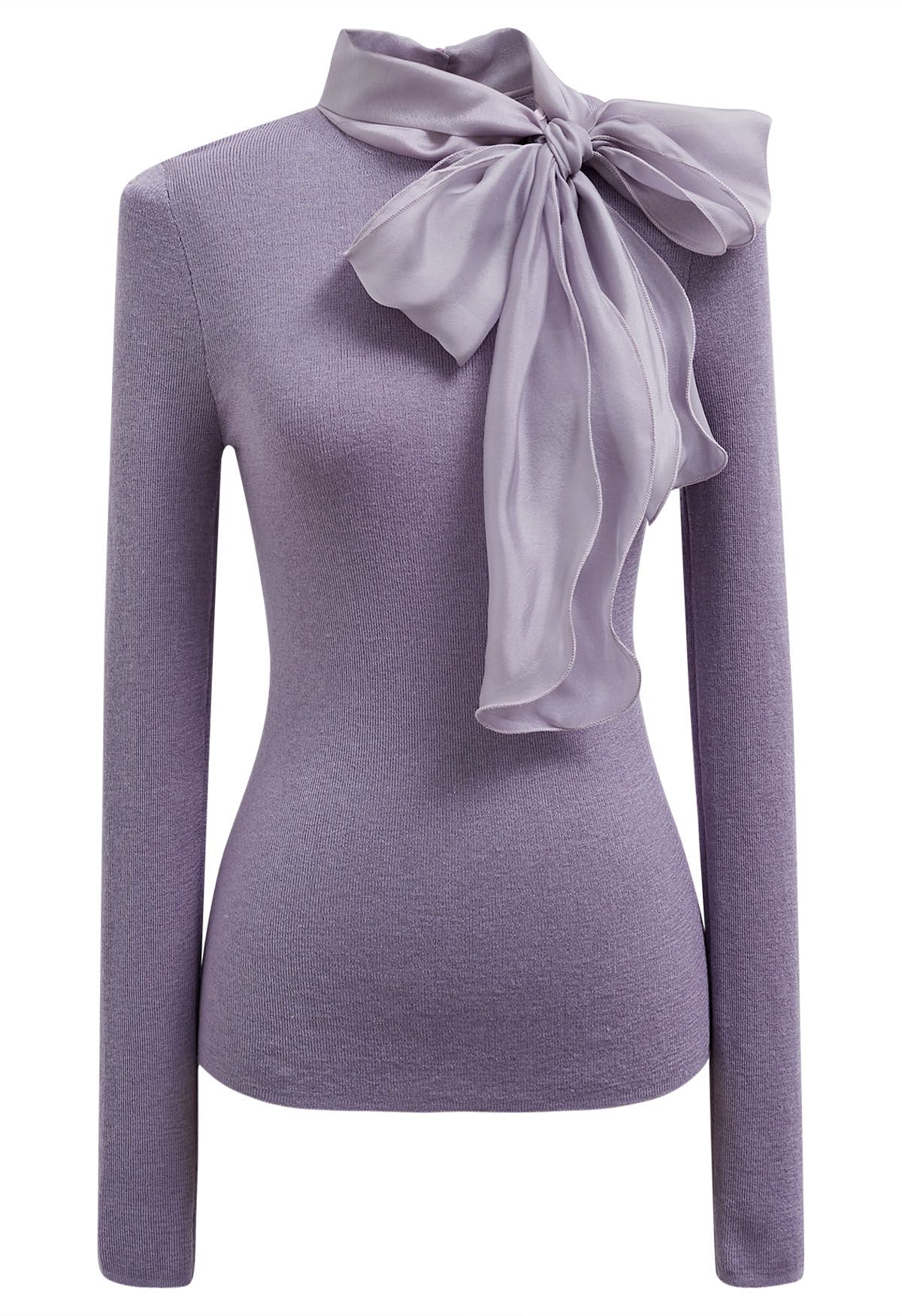 Organza Bowknot Neckline Knit Top in Lilac