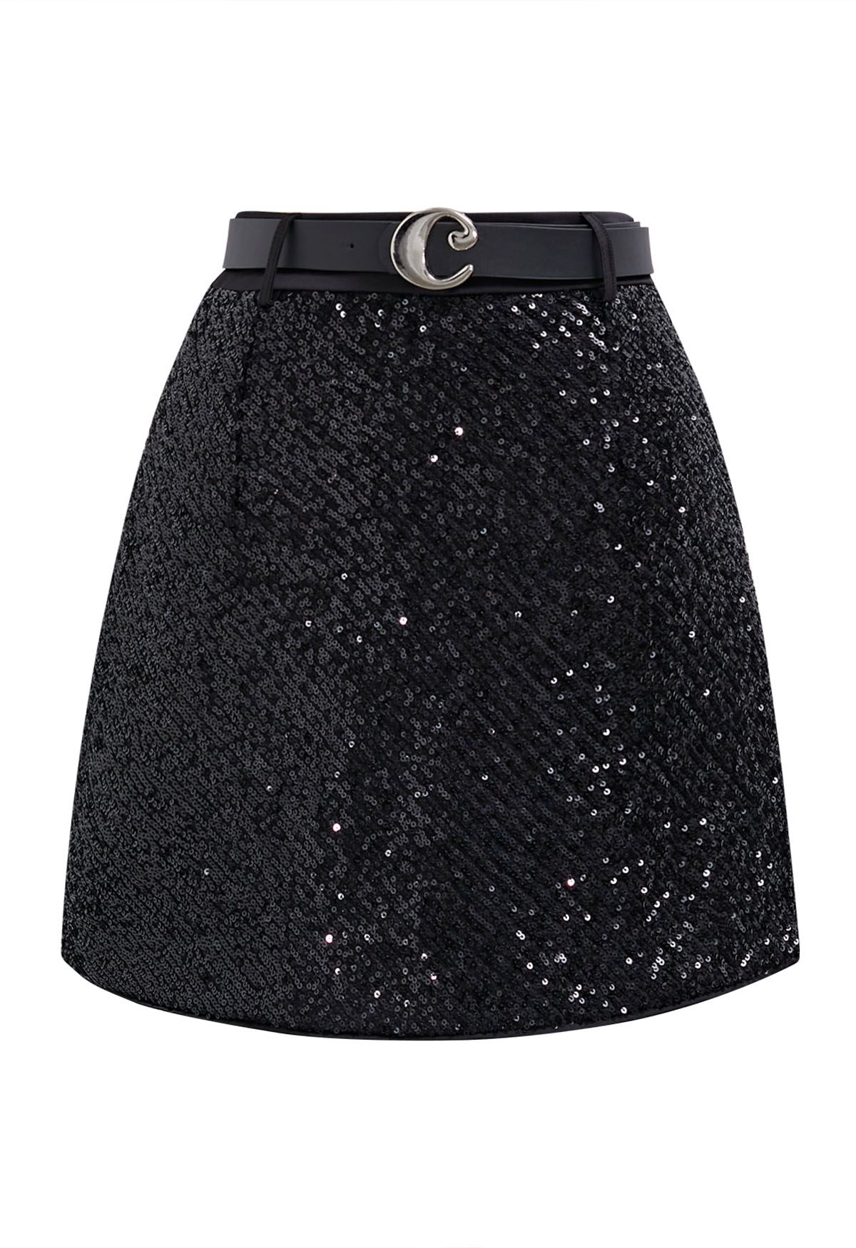 Sparkling Sequin Belted Mini Bud Skirt in Black