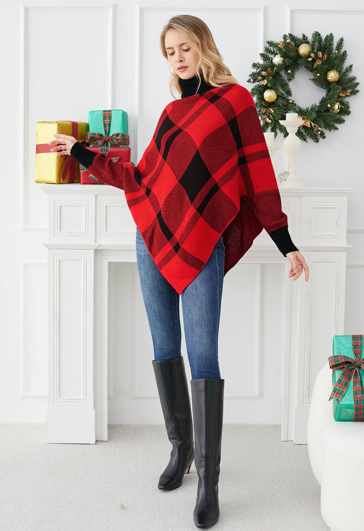 Festive Plaid Turtleneck Knit Poncho in Red