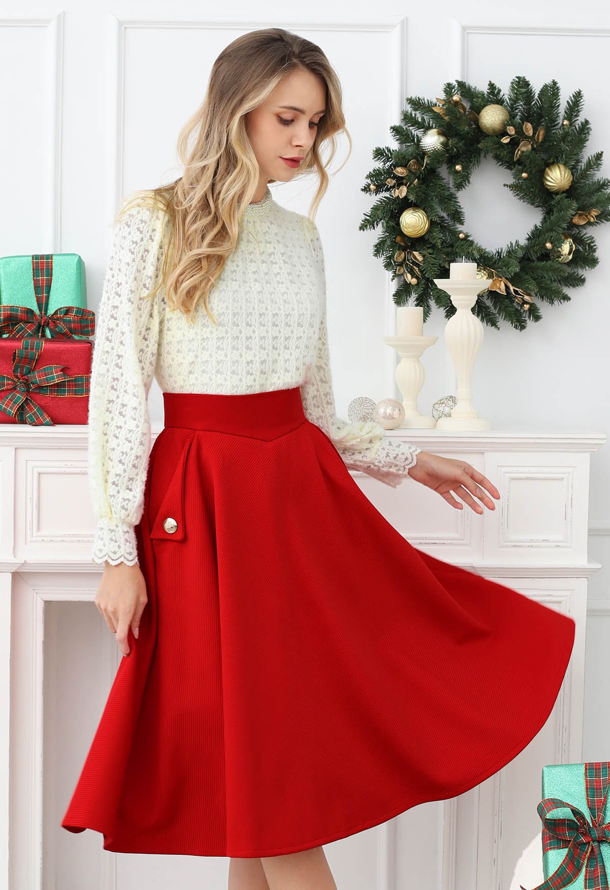 Classic Simplicity A-Line Midi Skirt in Red