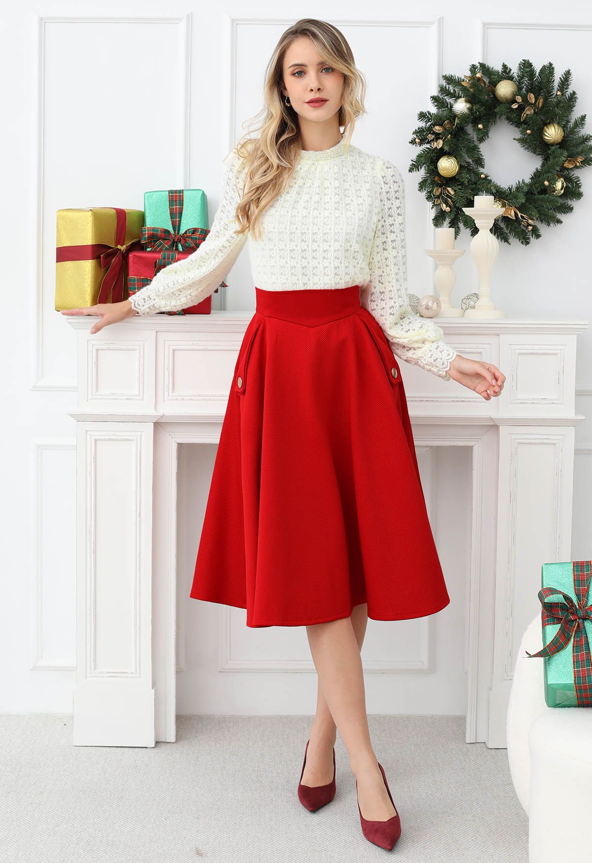 Classic Simplicity A-Line Midi Skirt in Red