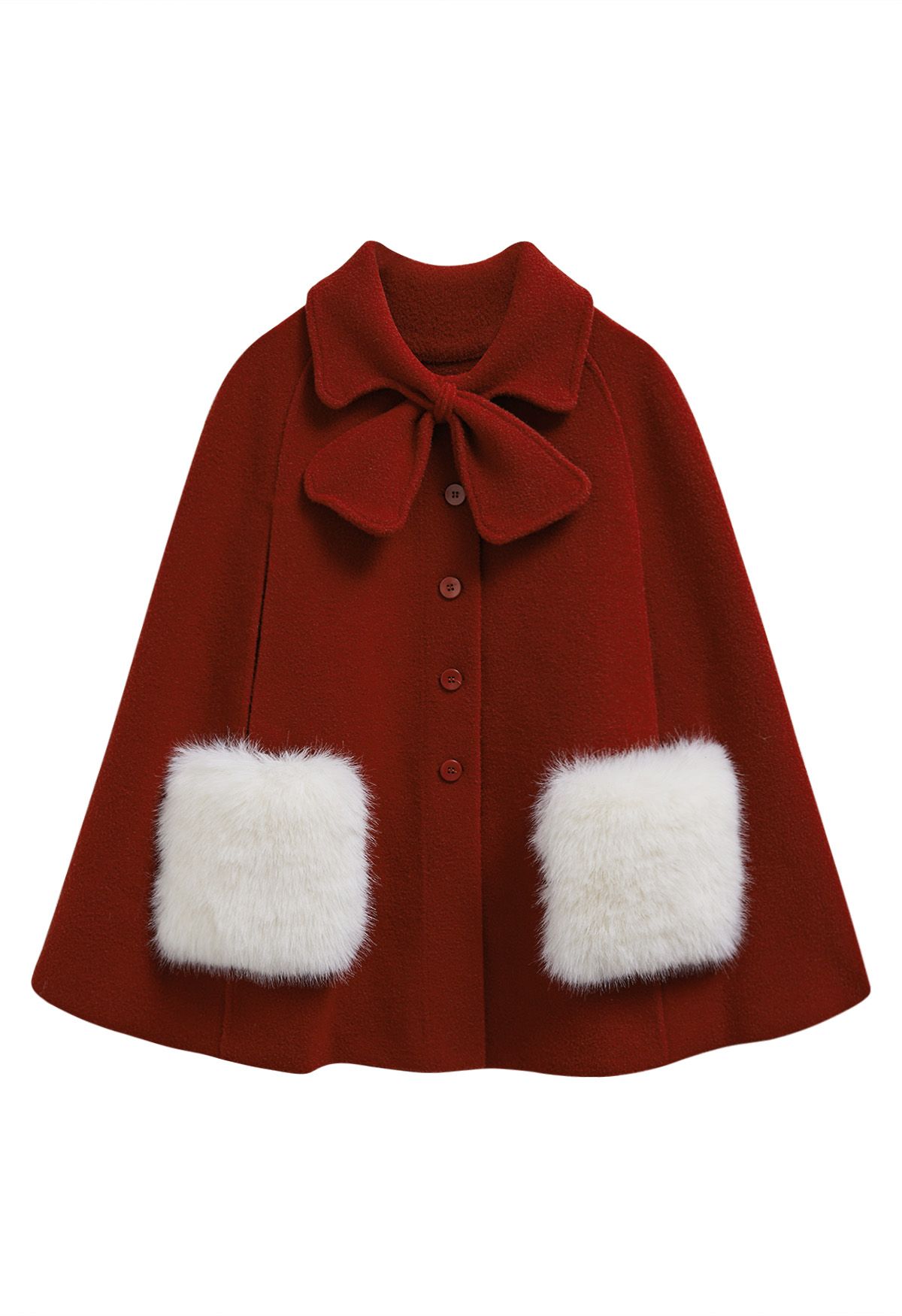 Bowknot Decor Faux Fur Pocket Buttoned Knit Cape Coat in Red