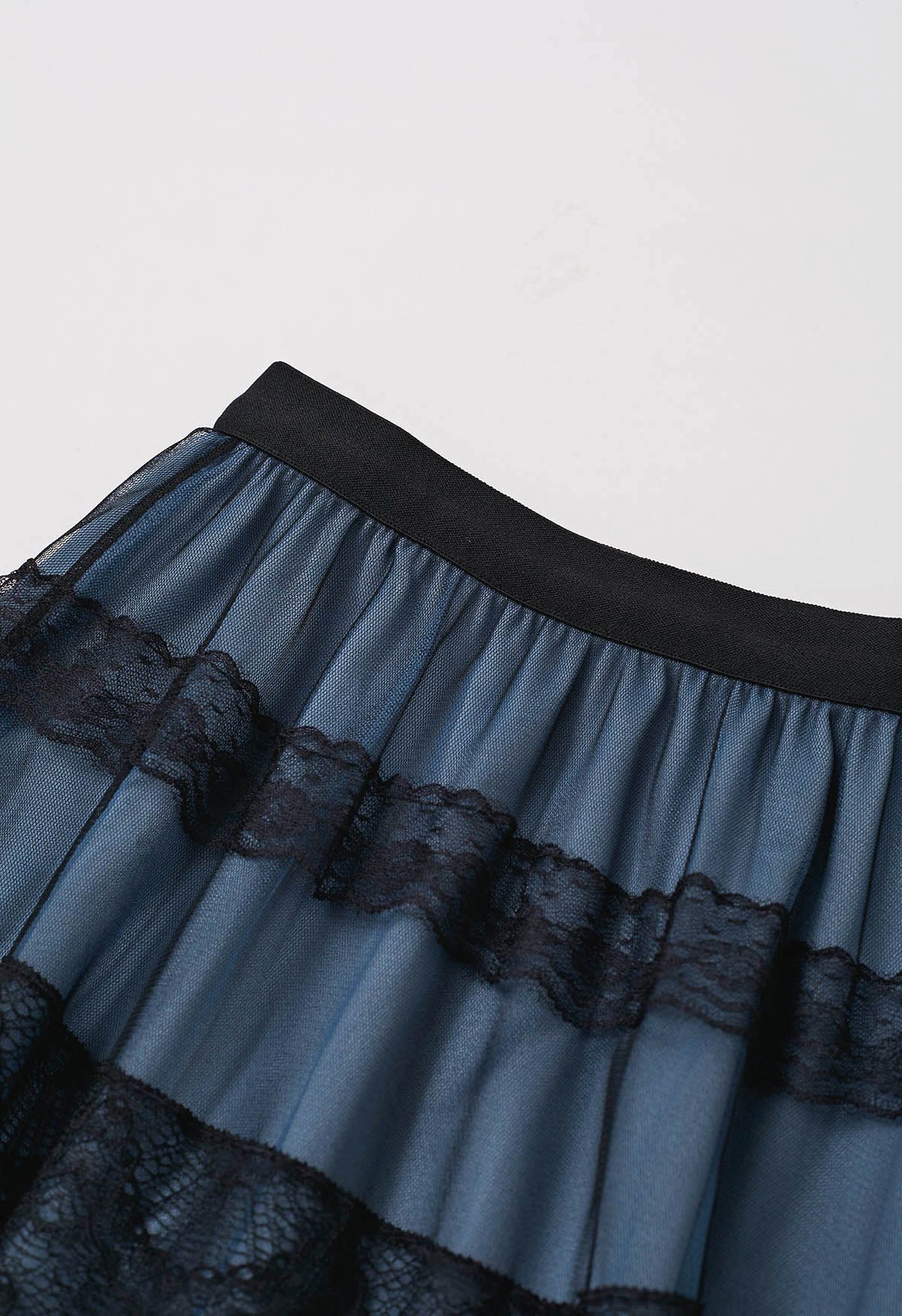 Mysterious Lace Tiered Mesh Tulle Midi Skirt in Dusty Blue