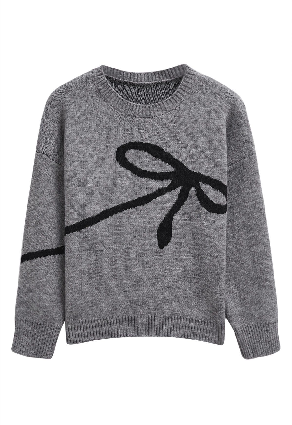 Contrast Color Boucle Bow Knit Sweater in Grey