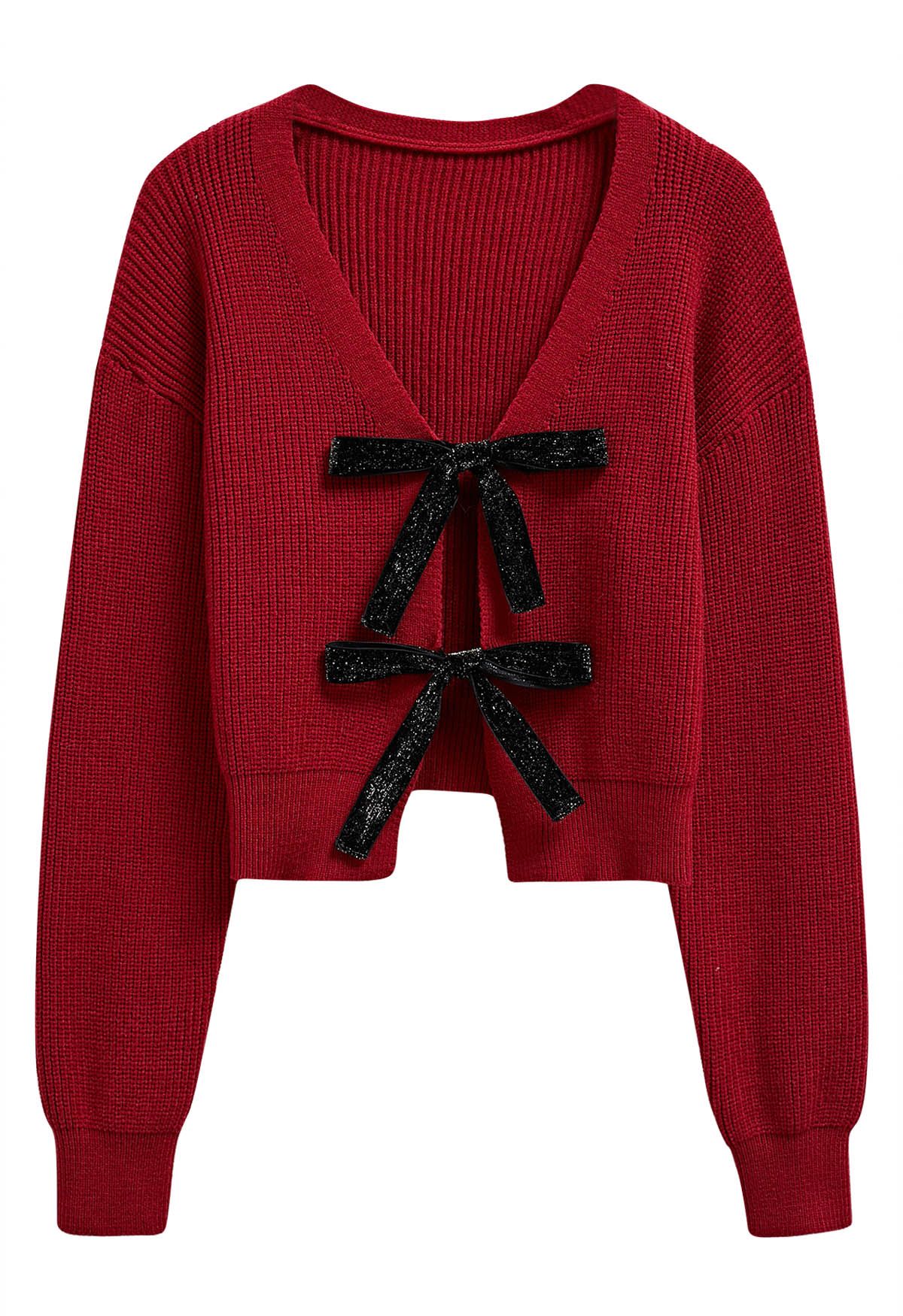 Shimmery Velvet Tie Front Crop Knit Cardigan in Red