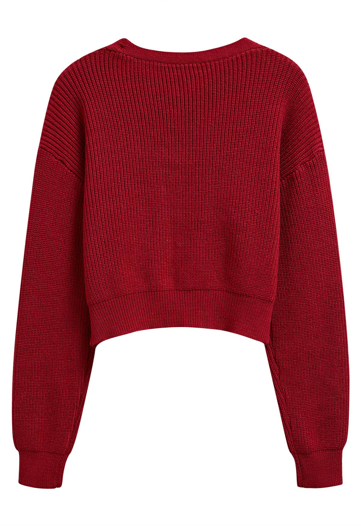 Shimmery Velvet Tie Front Crop Knit Cardigan in Red