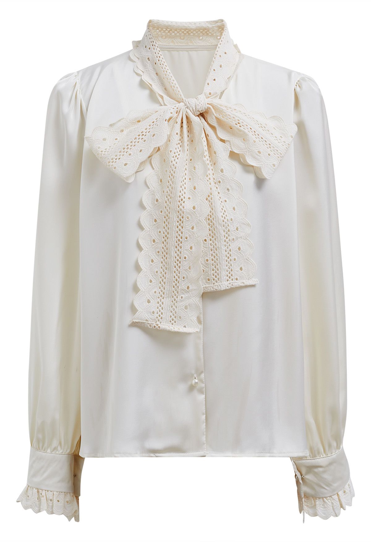 Sophisticated Eyelet Trim Bowknot Satin Shirt