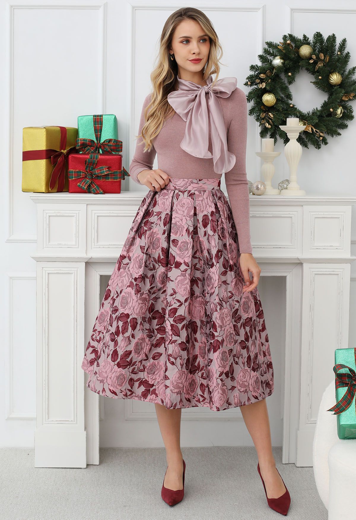 Enchanted Pink Rose Jacquard Pleated Midi Skirt