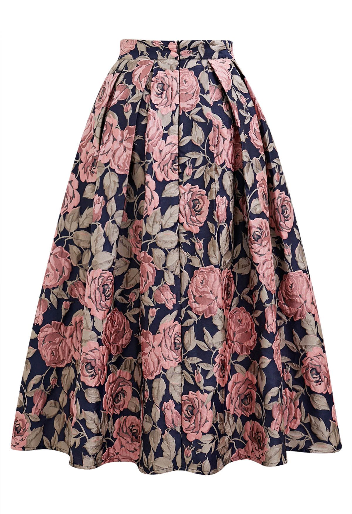 Enchanted Pink Rose Jacquard Pleated Midi Skirt in Navy