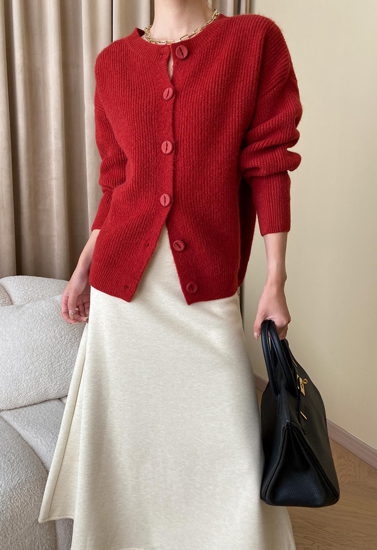 Delicate Softness Ribbed Buttoned Knit Cardigan in Red