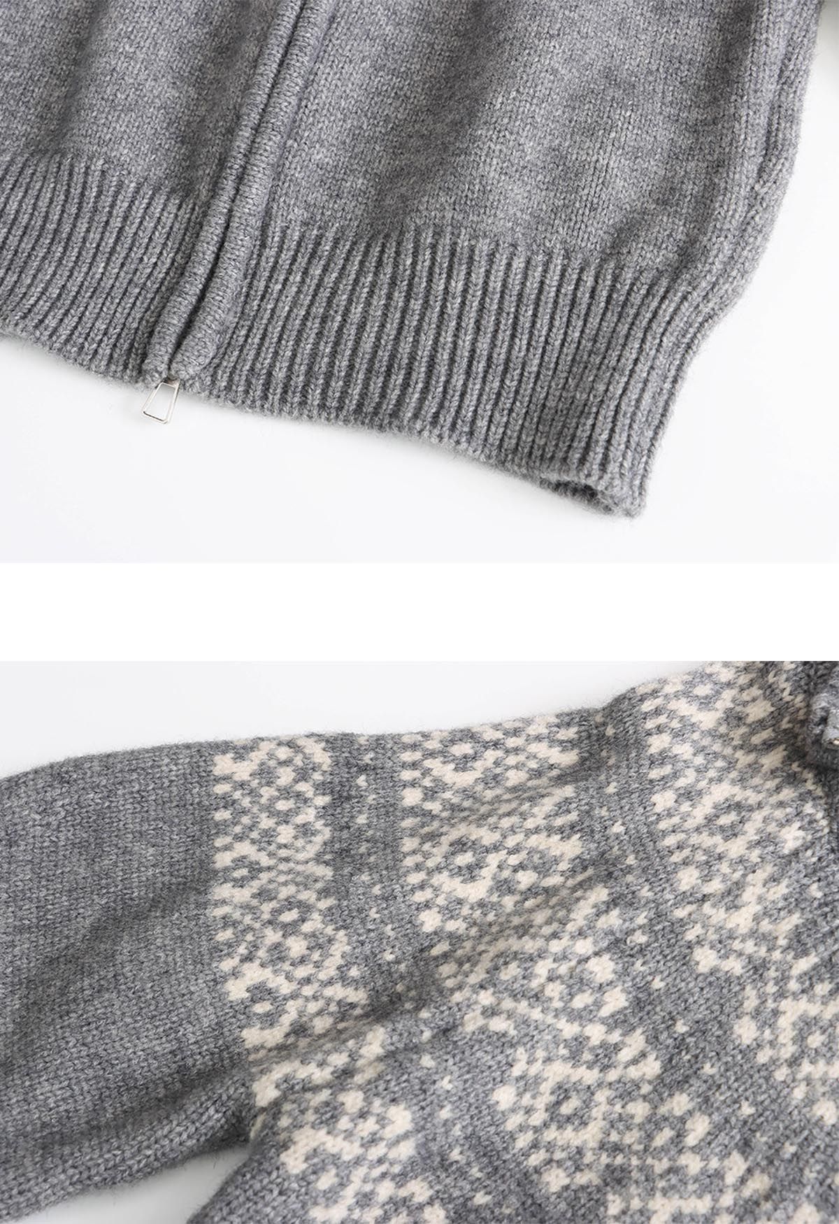 Double-Zip Fair Isle Jacquard Knit Cardigan in Grey