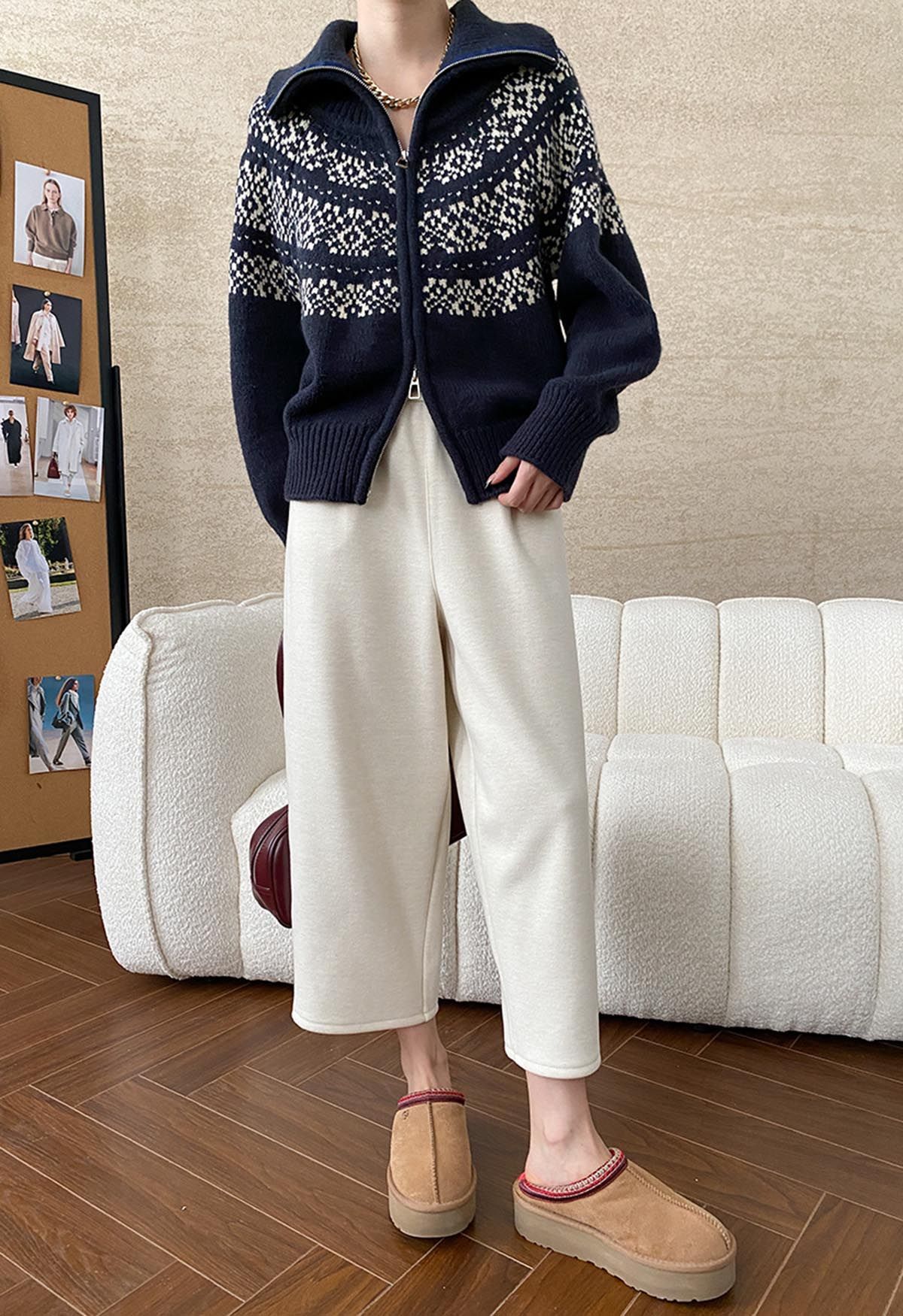 Double-Zip Fair Isle Jacquard Knit Cardigan in Navy