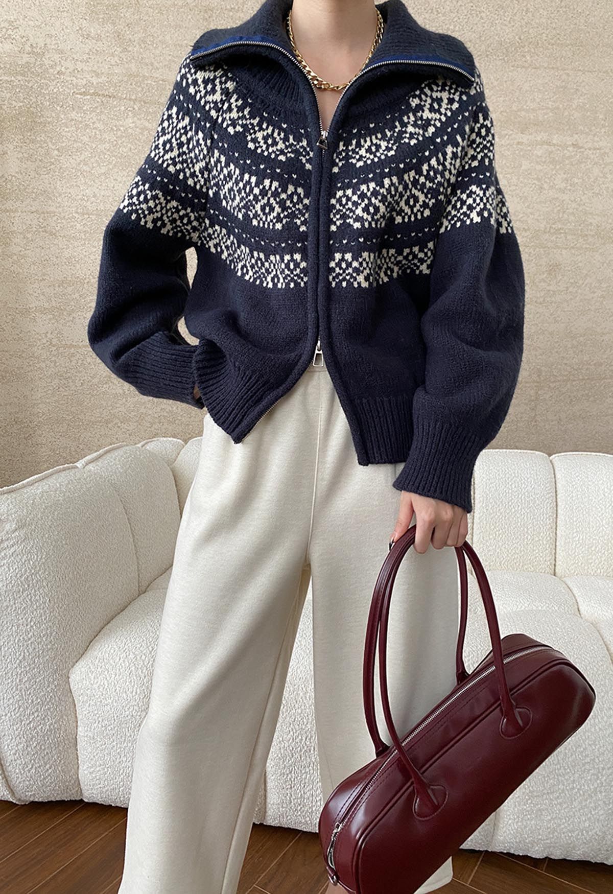 Double-Zip Fair Isle Jacquard Knit Cardigan in Navy