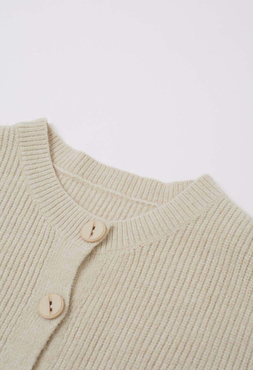 Delicate Softness Ribbed Buttoned Knit Cardigan in Camel