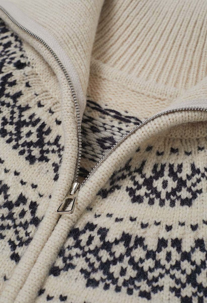 Double-Zip Fair Isle Jacquard Knit Cardigan in Cream