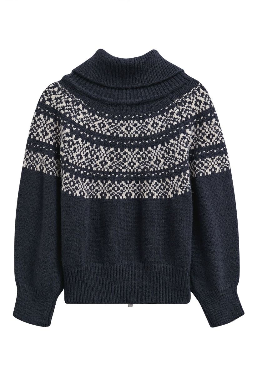 Double-Zip Fair Isle Jacquard Knit Cardigan in Navy