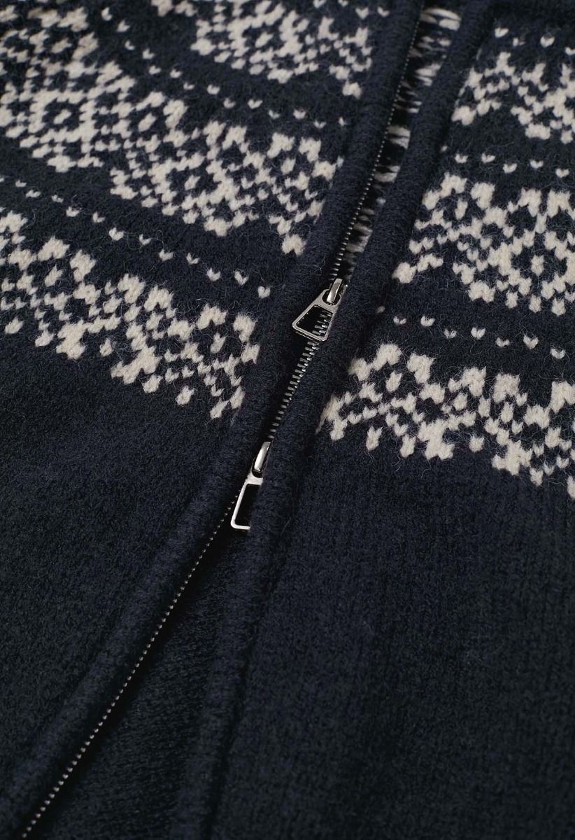 Double-Zip Fair Isle Jacquard Knit Cardigan in Navy