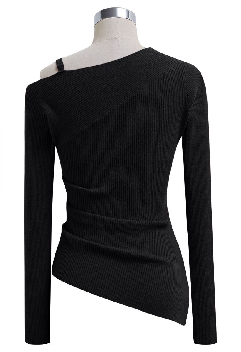 One-Shoulder Ruched Asymmetric Hem Knit Top in Black