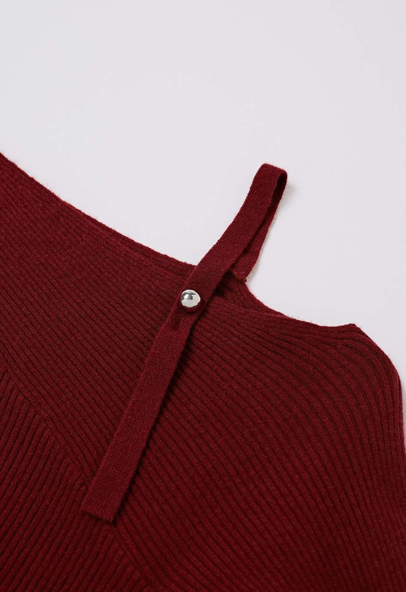 One-Shoulder Ruched Asymmetric Hem Knit Top in Red