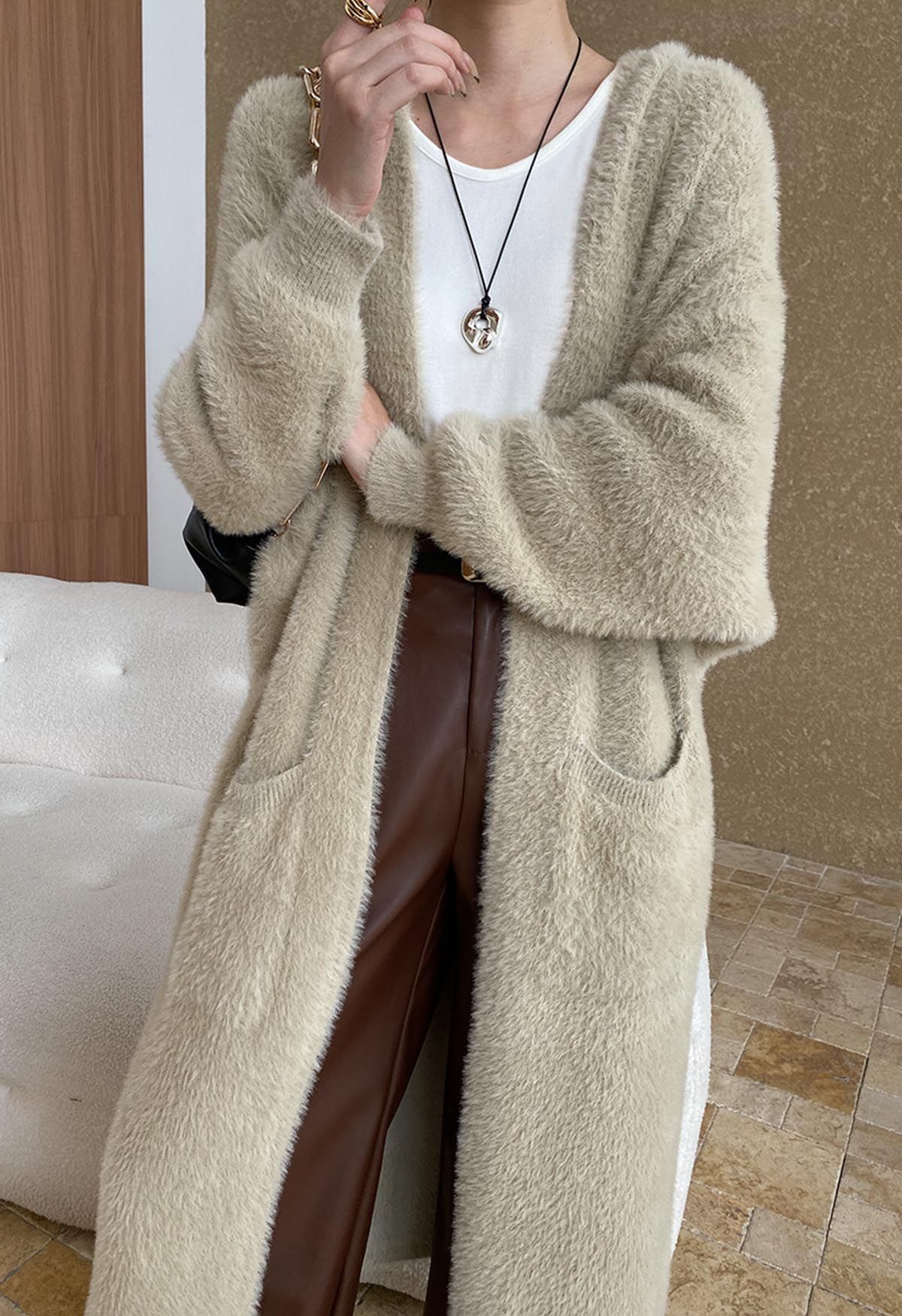 Fluffy Open Front Hooded Longline Knit Cardigan in Camel