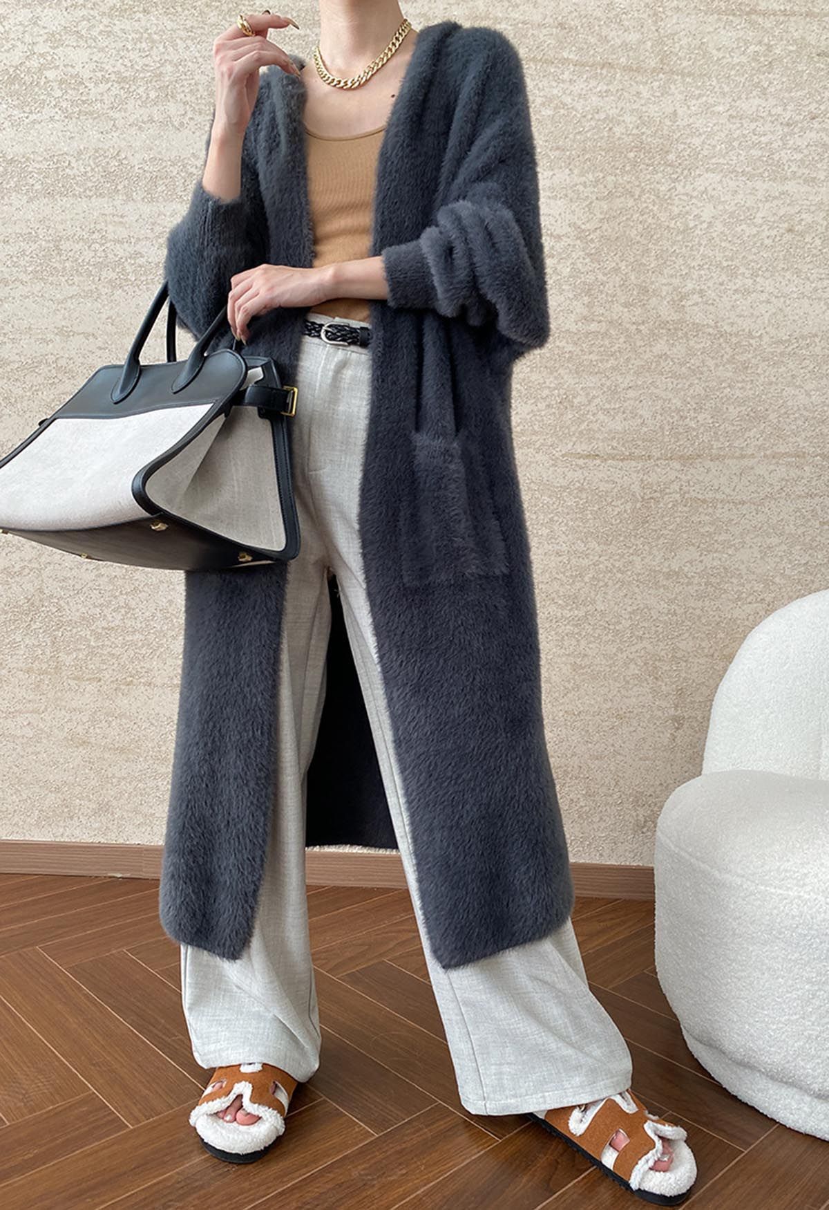 Fluffy Open Front Hooded Longline Knit Cardigan in Smoke