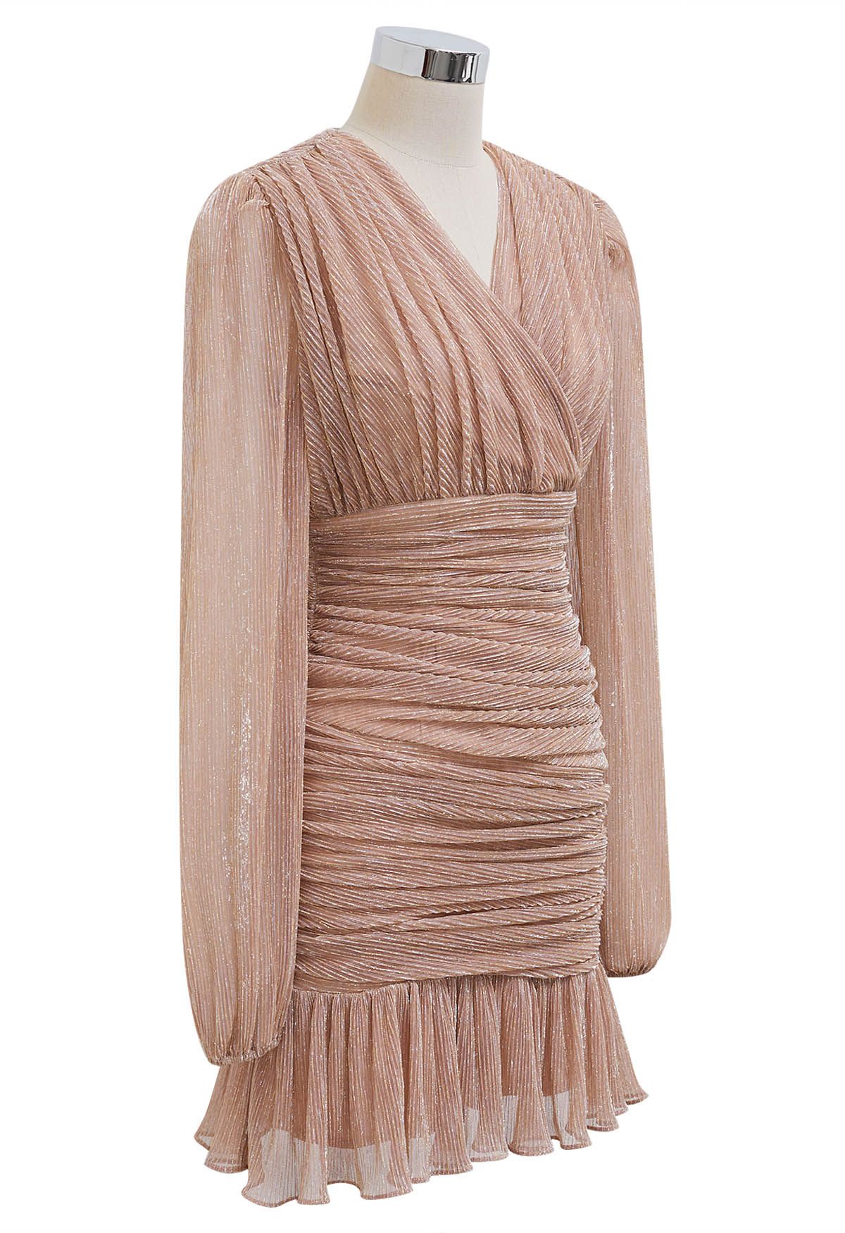 Elegant Sparkle Ruched Mesh Cocktail Dress in Peach