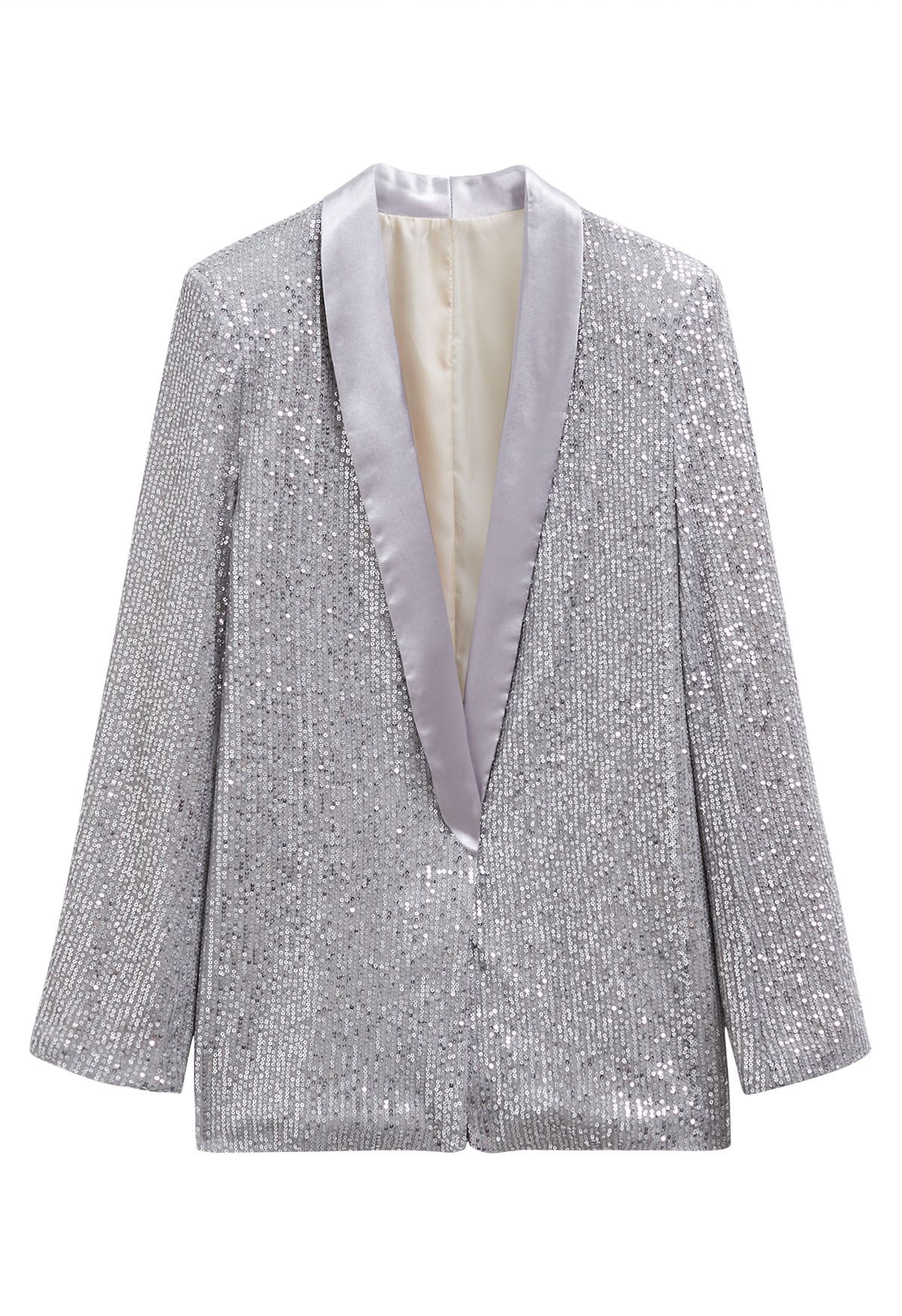 Dazzling Sequin Open Front Shawl Blazer in Silver