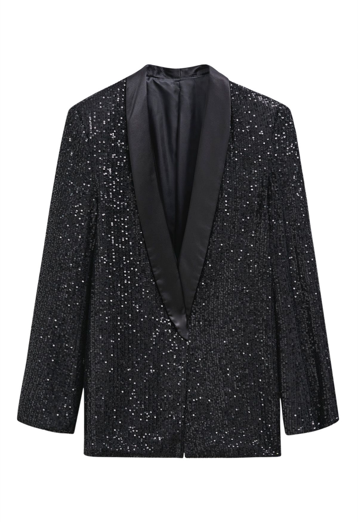 Dazzling Sequin Open Front Shawl Blazer in Black