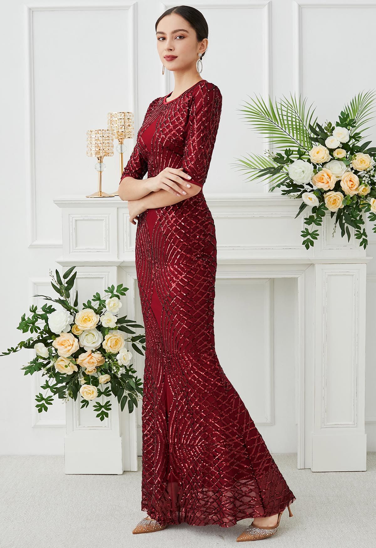 Opulent Geometry Sequin Mermaid Gown in Red