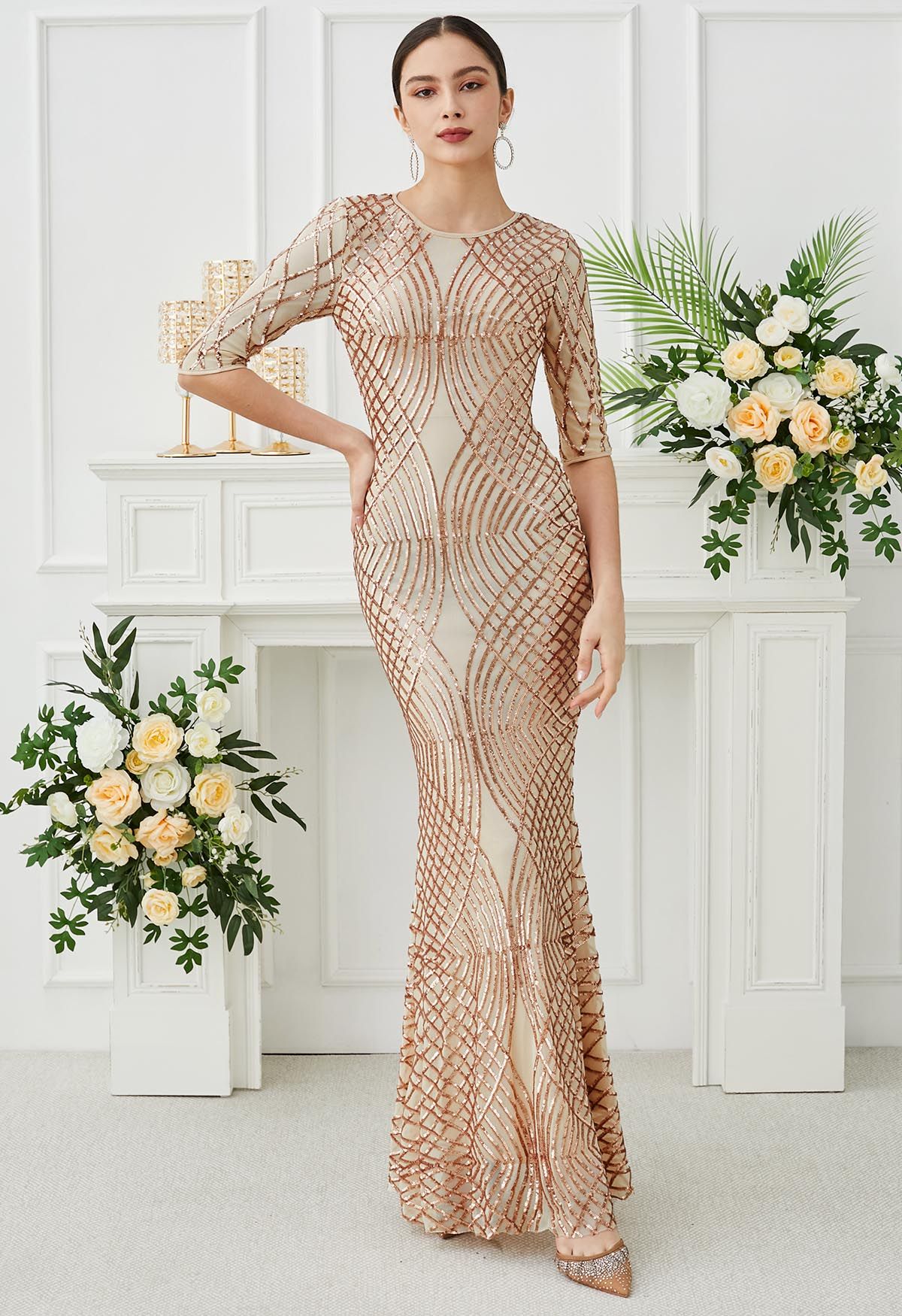 Opulent Geometry Sequin Mermaid Gown in Apricot