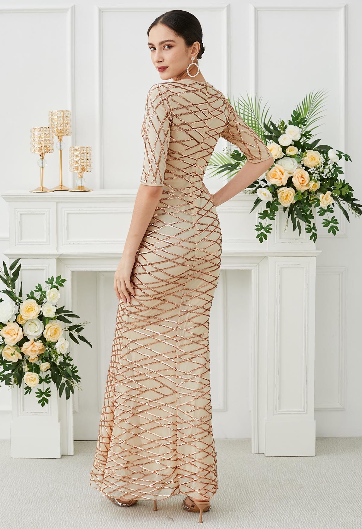 Opulent Geometry Sequin Mermaid Gown in Apricot