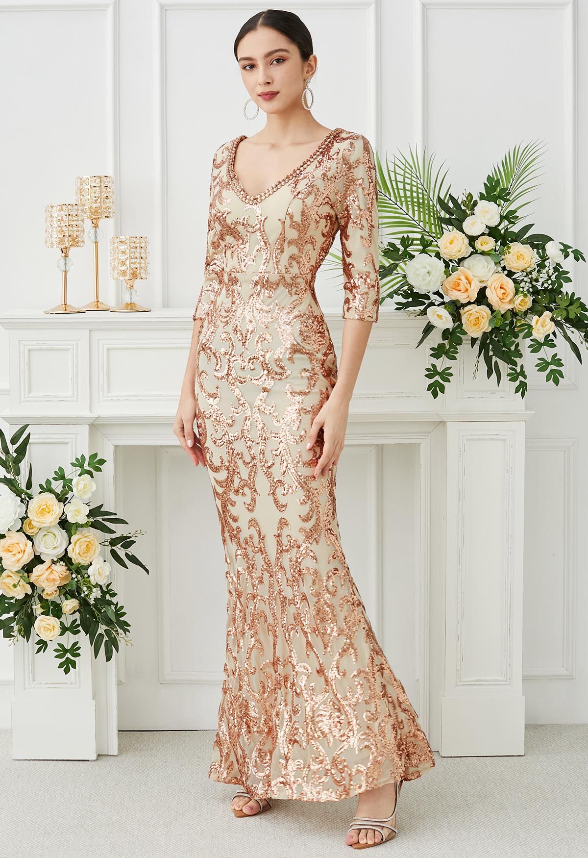 Baroque Sequin V-Neck Mesh Mermaid Gown in Gold