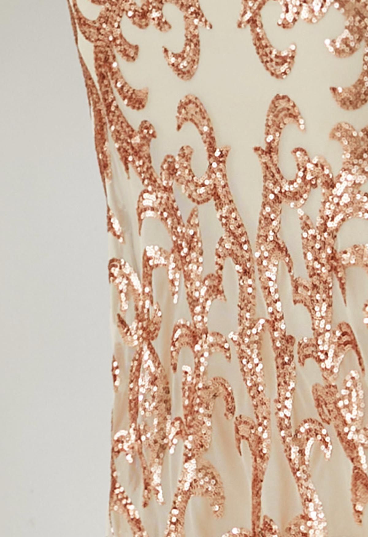 Baroque Sequin V-Neck Mesh Mermaid Gown in Gold