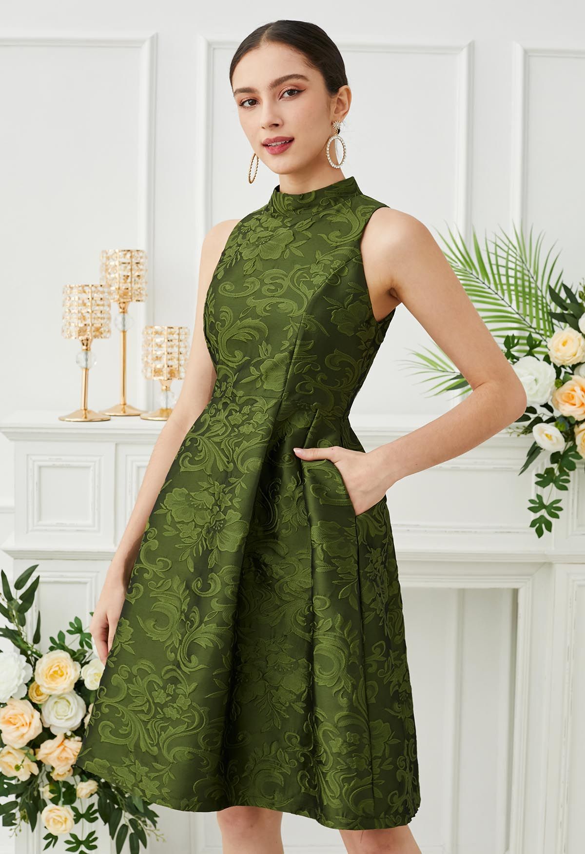 Splendid Floral Jacquard Sleeveless Dress in Green