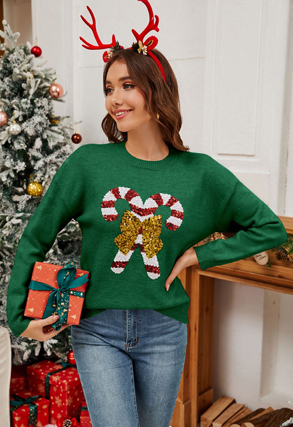 Sequin Bowknot Candy Cane Knit Sweater in Green