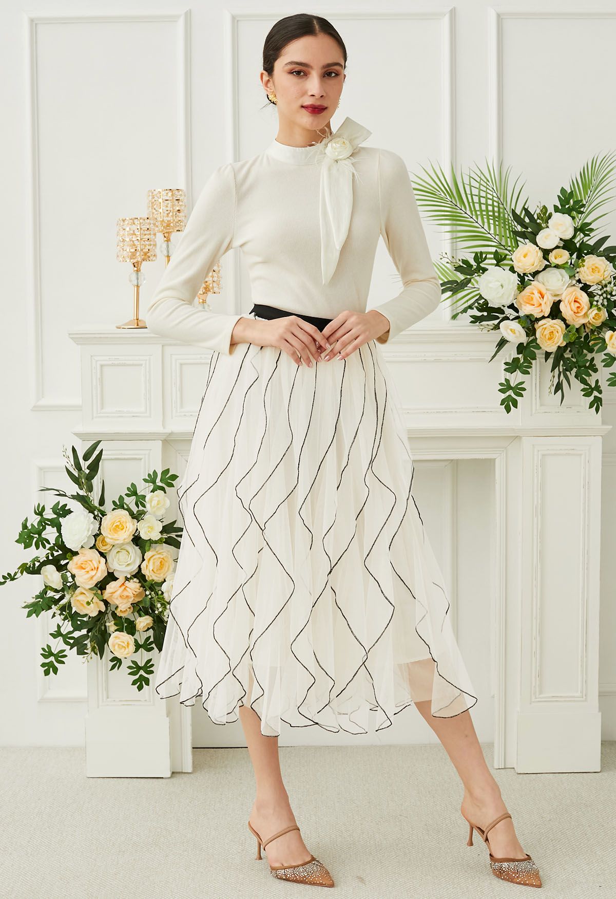 Rippling Attraction Panelled Mesh Tulle Skirt in Cream