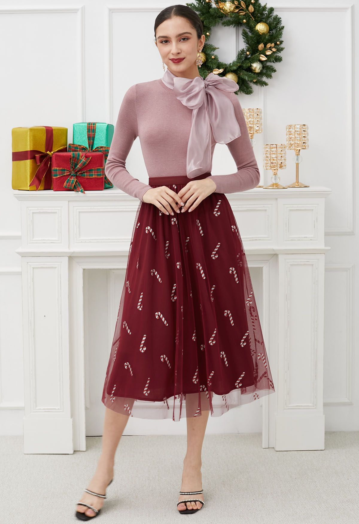 Shimmer Candy Cane Mesh Tulle Midi Skirt in Burgundy