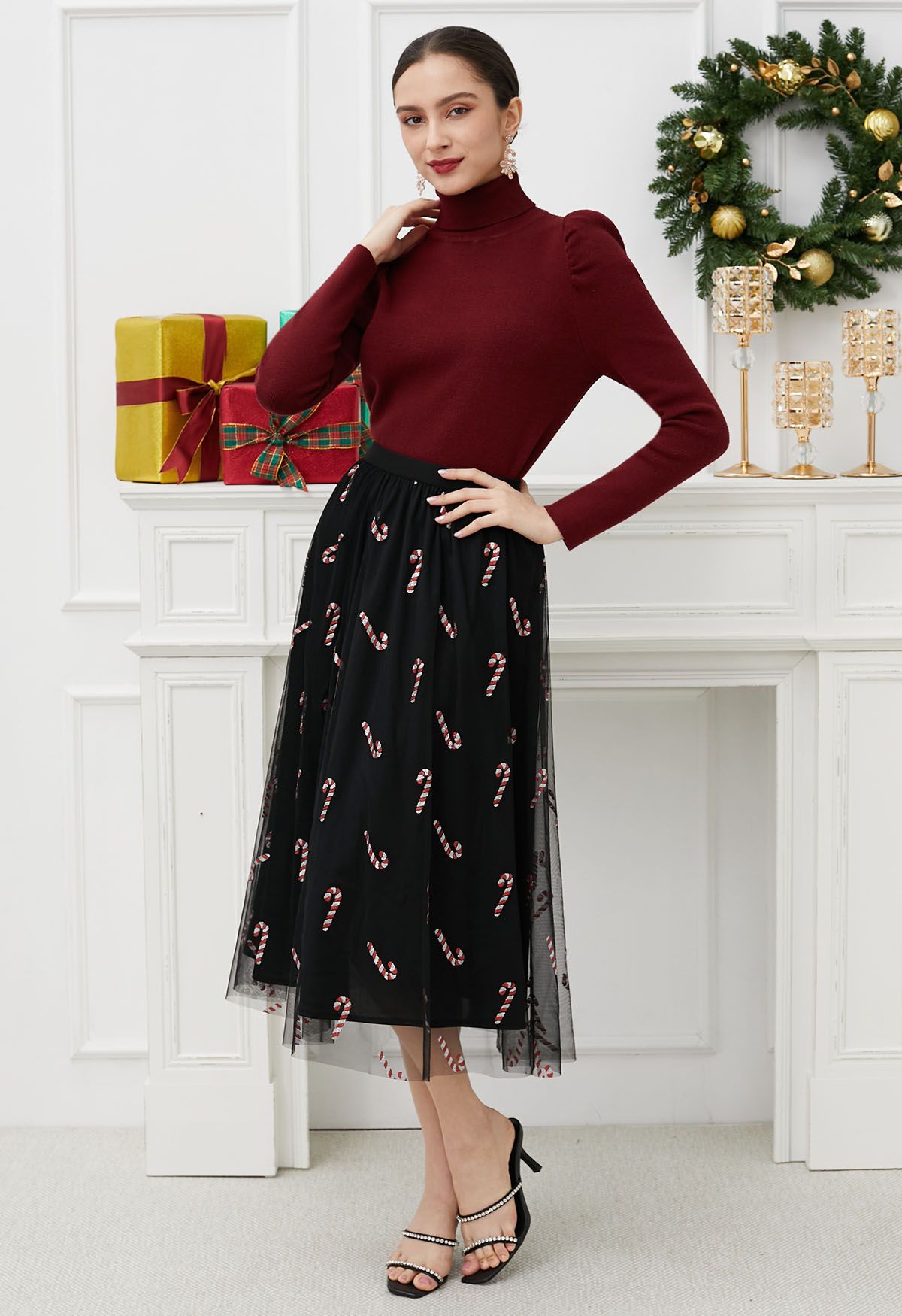 Shimmer Candy Cane Mesh Tulle Midi Skirt in Black