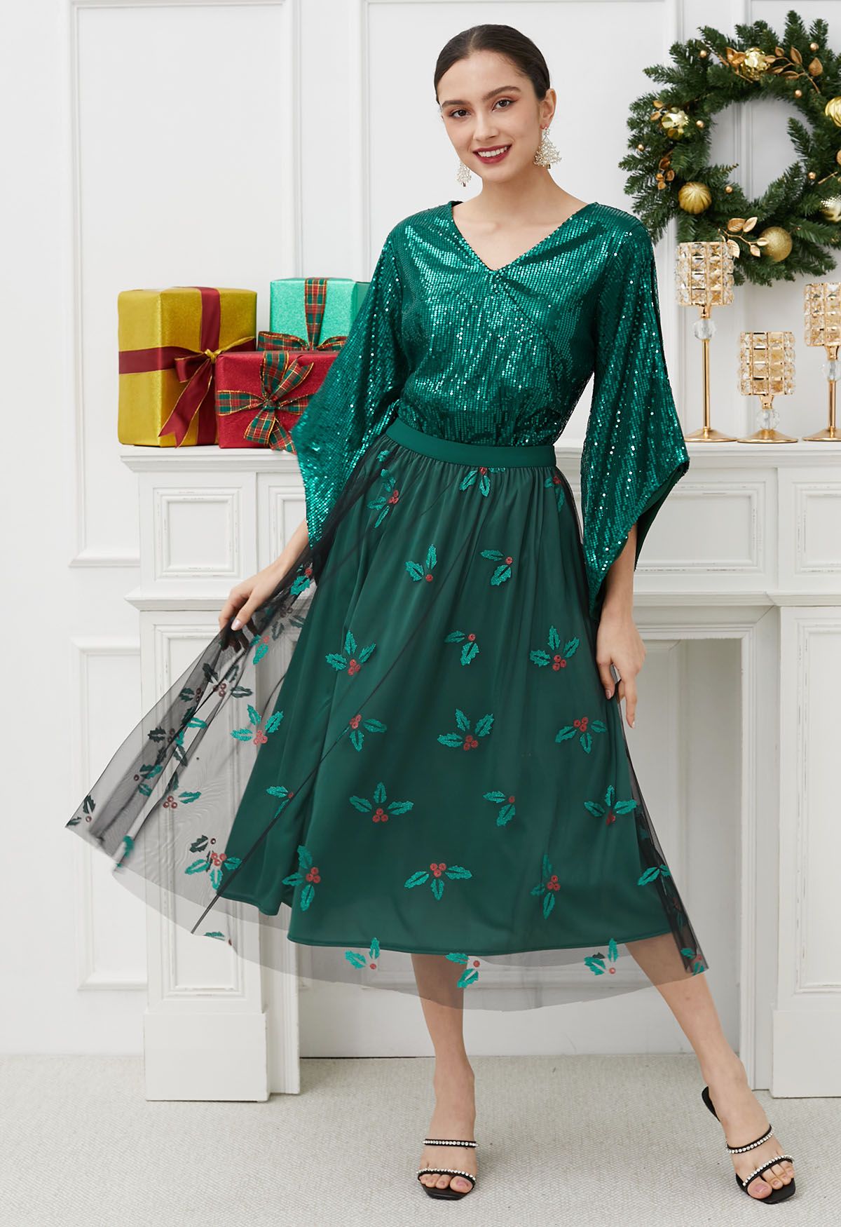 Joyful Holly Mesh Tulle Midi Skirt in Dark Green