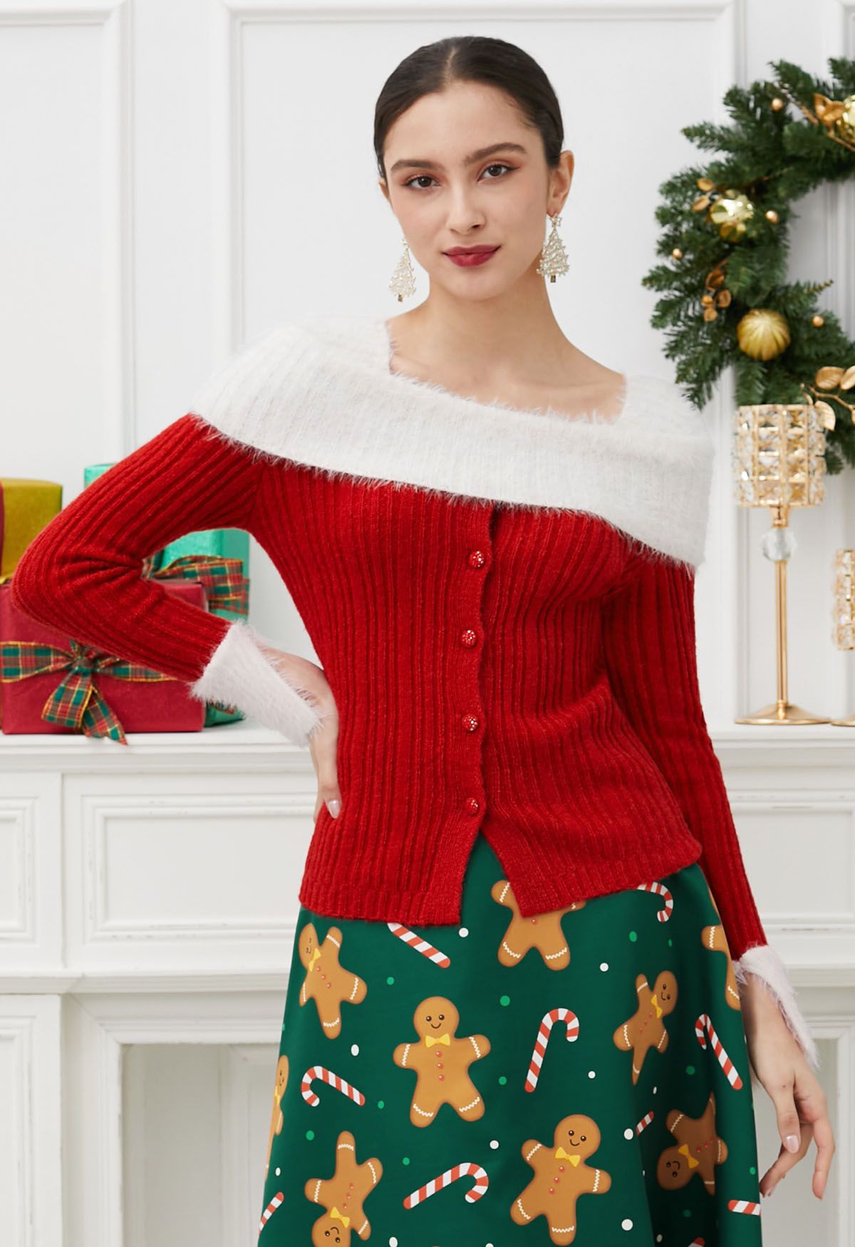 Contrast Fuzzy Folded Shoulder Button Knit Top in Red