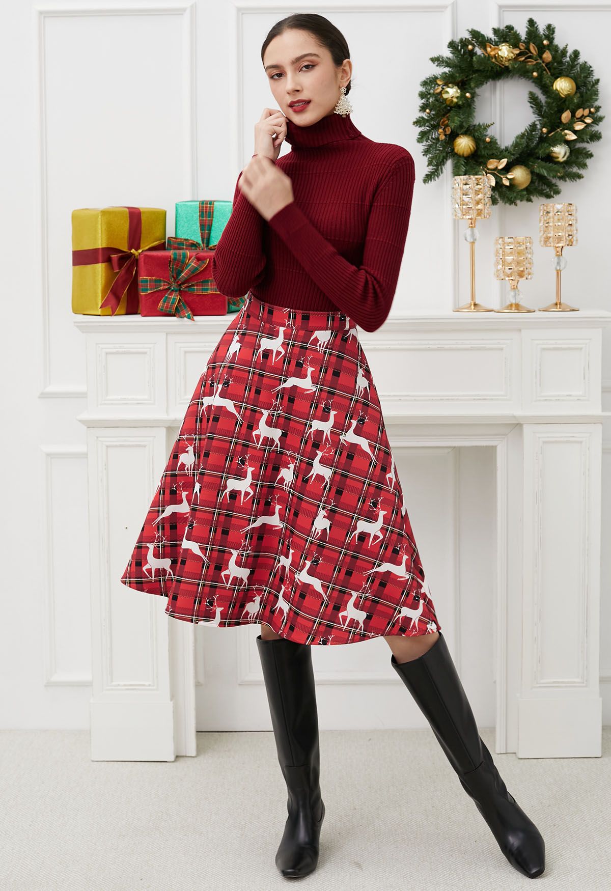 Festive Reindeer Plaid Flare Midi Skirt