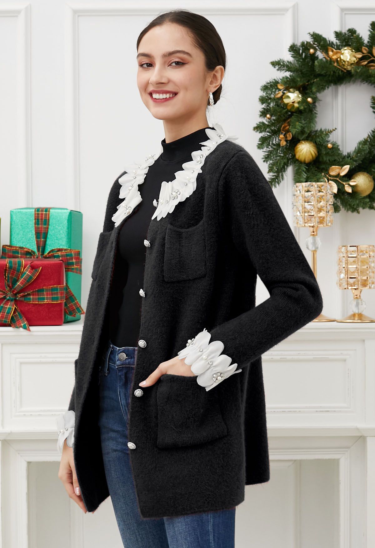 3D Petal Neckline Patch Pocket Knit Cardigan in Black