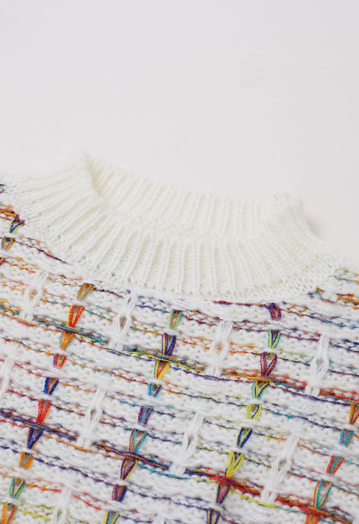 Color-Accented Grid Knit Sweater in White