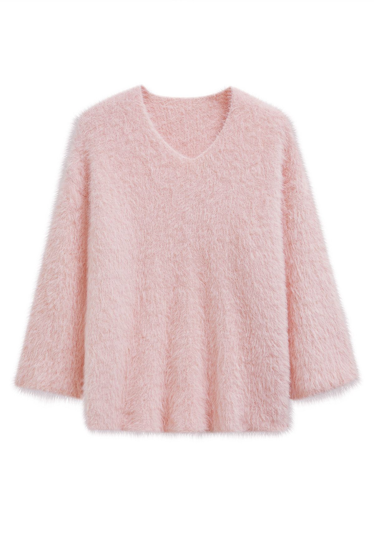 Fluffy V-Neck Knit Sweater in Light Pink