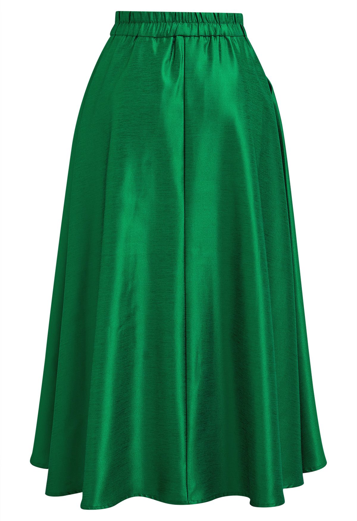 Sleek Side Pockets Pleated A-Line Midi Skirt in Green