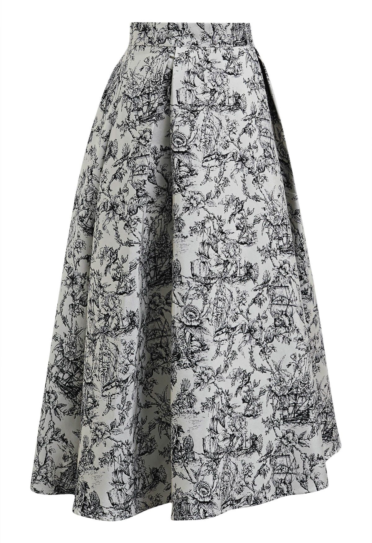 Graceful Inky Floral Jacquard A-Line Midi Skirt