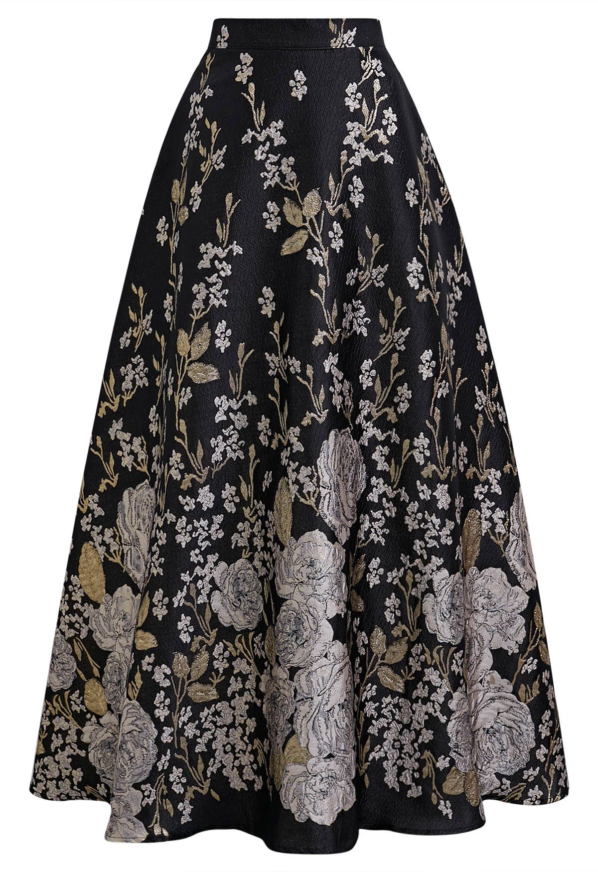 Golden Hour Peony Metallic Jacquard A-Line Maxi Skirt 