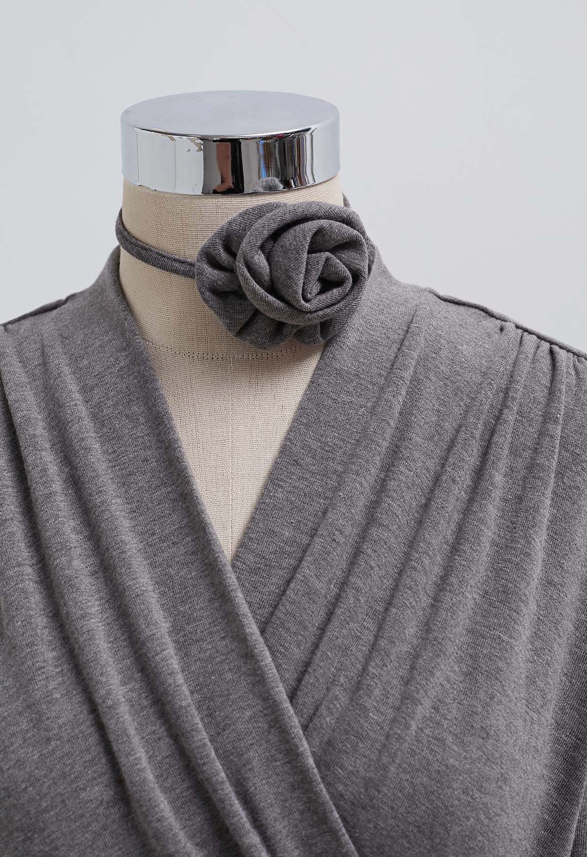 Faux-Wrap Ruched Top with Choker in Grey